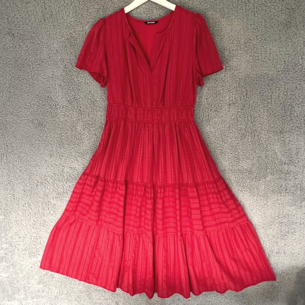 BTFBM Brick Red Cotton Tiered‎ Midi Dress L Romantic Boho Textured Casual